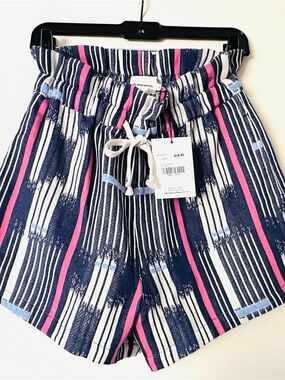 The New Society Navy High-Waist Striped Shorts with Pink White Accents Echo Ikat